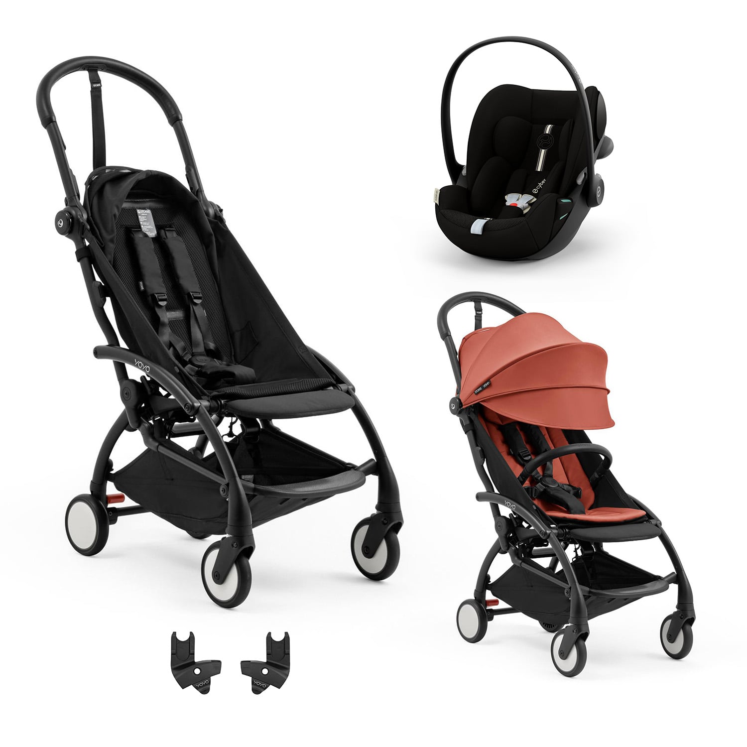 Stokke Pack Nouvelle Poussette YOYO 5 noir et Pack 6m Berry + adaptateur yoyo 5 + Coque Cloud G3 Plus Moon Black Cybex Unique