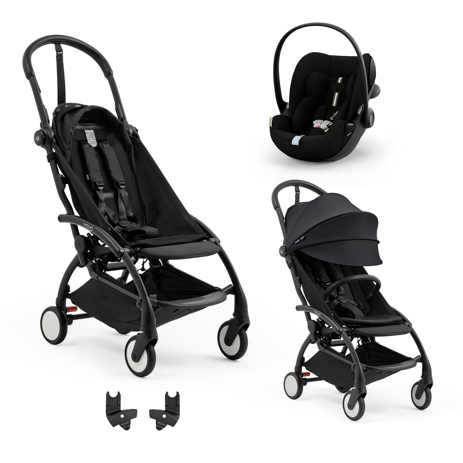 Stokke Pack Nouvelle Poussette YOYO 5 noir et Pack 6m Black + adaptateur yoyo 5 + Coque Cloud G3 Plus Moon Black Cybex Unique