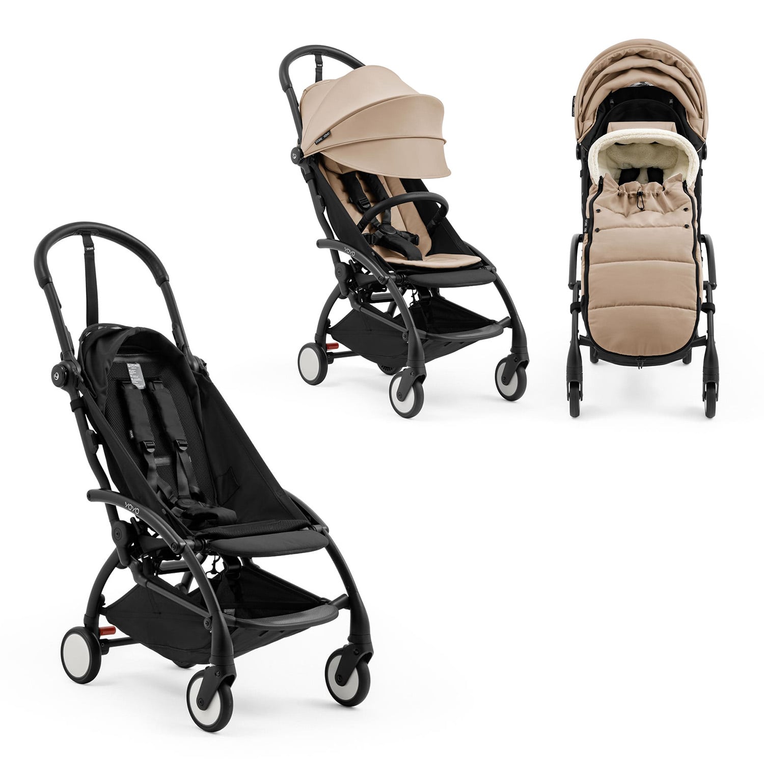 Stokke Pack Nouvelle Poussette YOYO 5 noir Pack 6m et Chancelière Taupe Unique