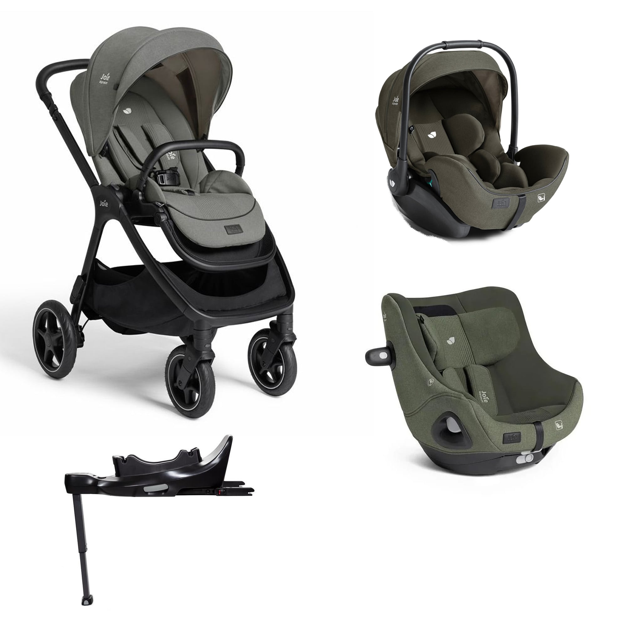 Joie Pack Poussette Finiti 2 Evergreen + Siège auto I-Harbour E Evergreen + Coque I-Level Pro 2 Evergreen + Base Isofix pivotante Encore Unique