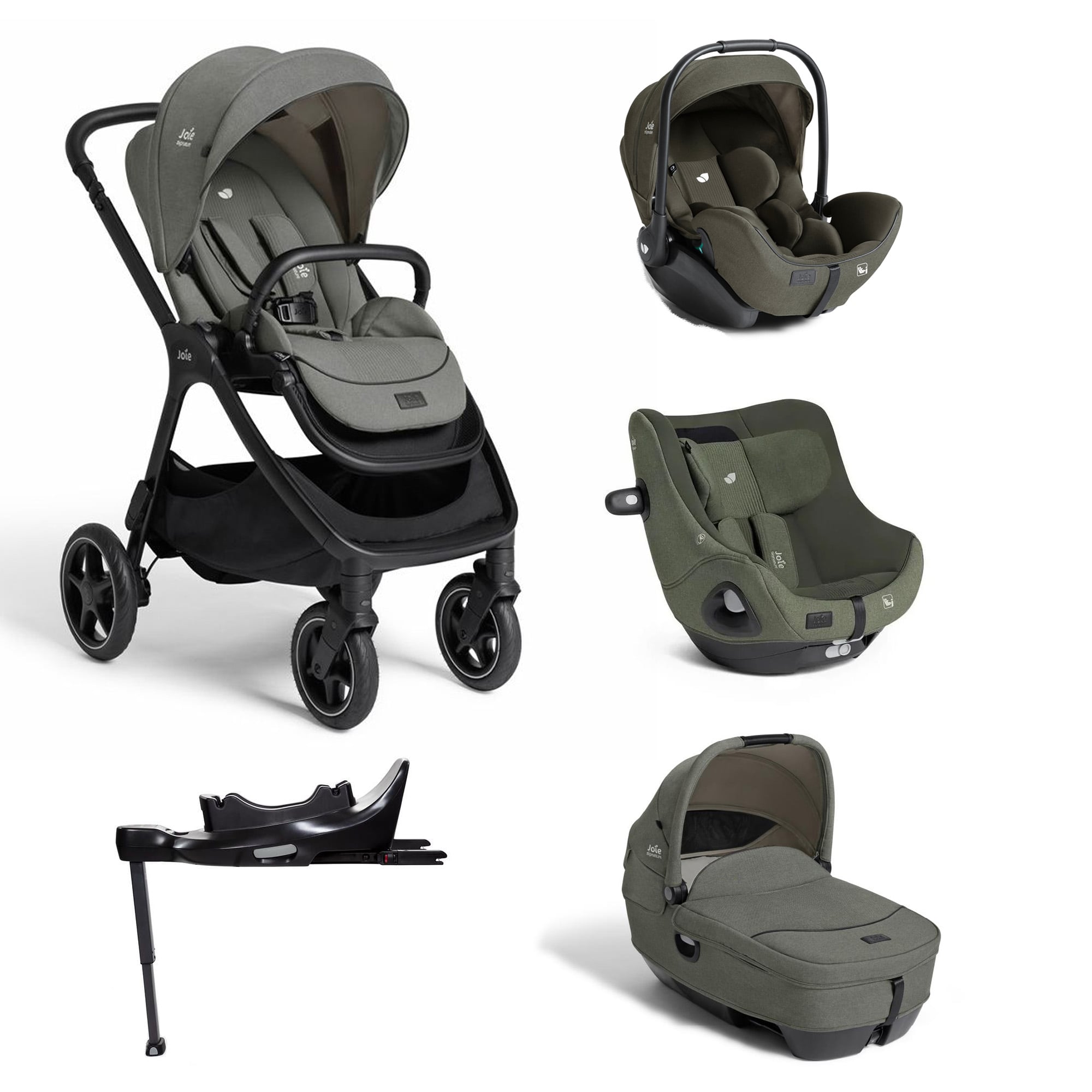 Joie Pack XL Poussette Finiti 2 Evergreen + Siège auto I-Harbour E Evergreen + Nacelle Calmi 2 Evergreen + Coque I-Level Pro 2 Evergreen + Base Isofix pivotante Encore Unique