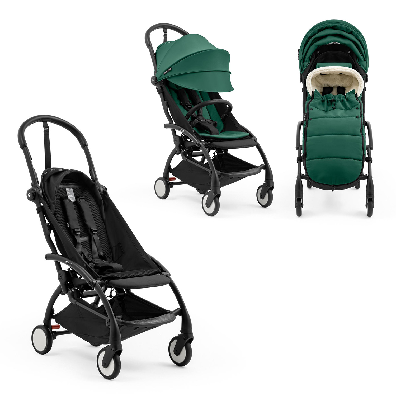 Stokke Pack Nouvelle Poussette YOYO 5 noir Pack 6m et Chancelière Forest Unique