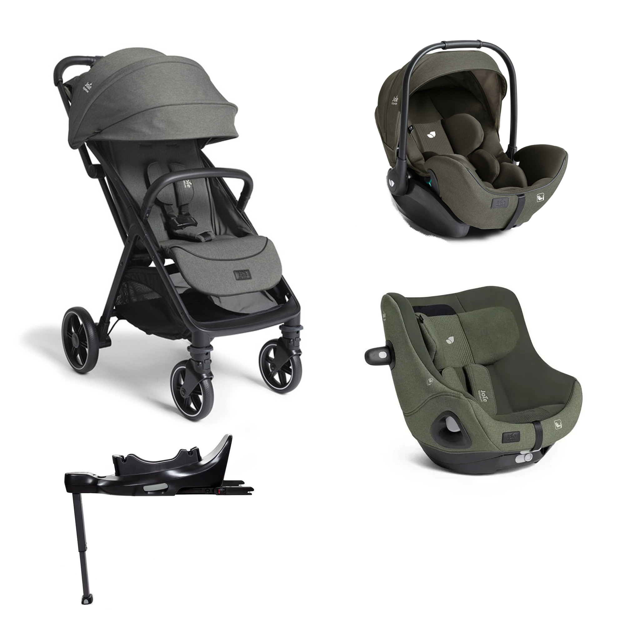 Joie Pack Poussette Parcel LX 2 Evergreen + Siège auto I-Harbour E Evergreen + Coque I-Level Pro 2 Evergreen + Base Isofix pivotante Encore Unique